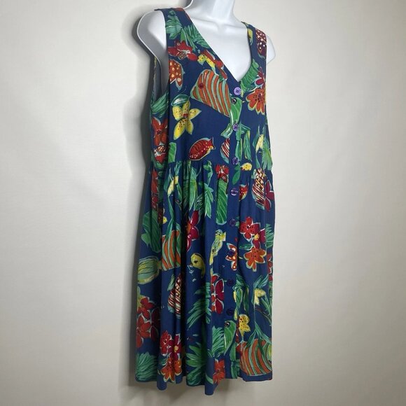 Vintage 80s Saint Tropez West Mini Shift Dress Size 16 Tropical Fish Sea Life - Picture 3 of 9